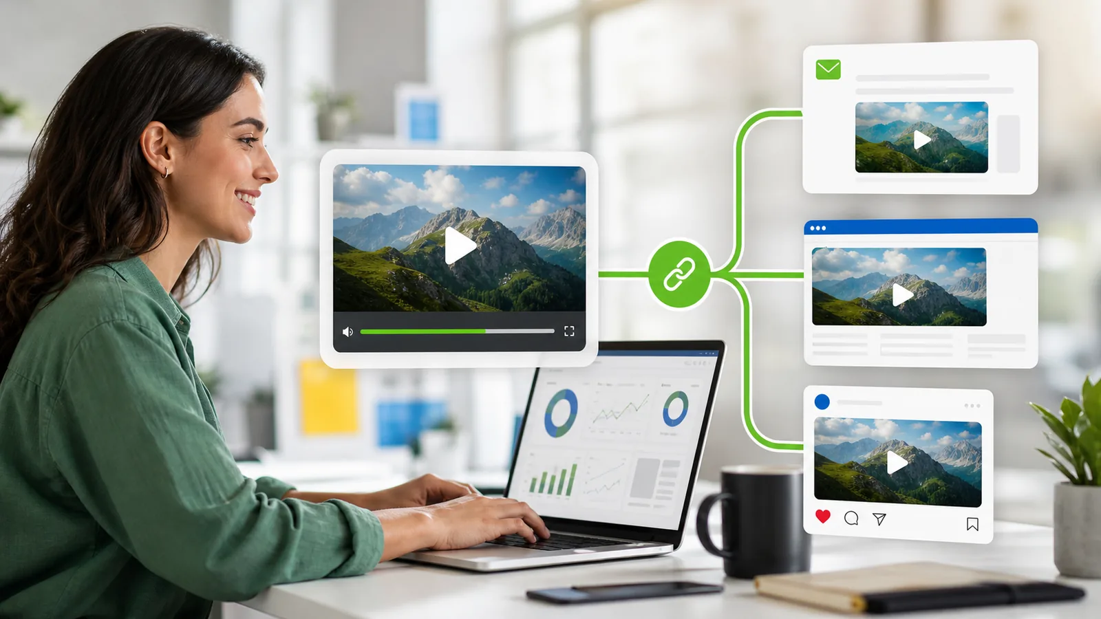 Digital marketer sharing one campaign video URL across email landing pages and social channels